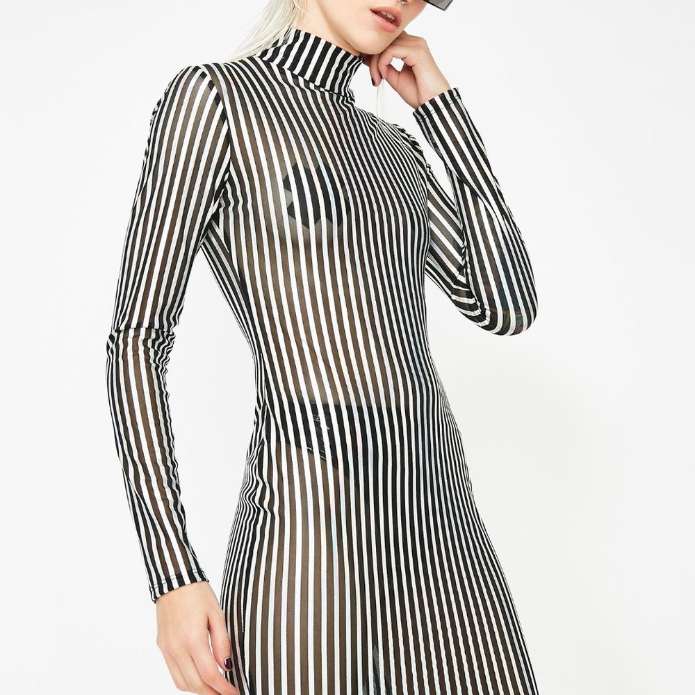 NWOT Glam Striped Silver Mesh Mock Neck Dress